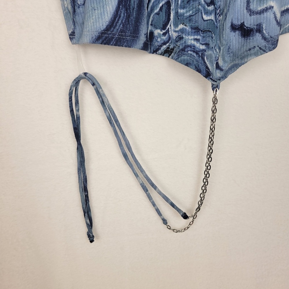 Just Polly New York Blue Marble Ribbed Crop Top Handkerchief Hem Chain Detail XL - Picture 2 of 8